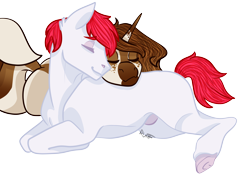 Size: 4961x3496 | Tagged: safe, artist:midnight-drip, imported from derpibooru, oc, oc only, earth pony, pony, unicorn, cuddling, female, male, mare, prone, simple background, stallion, transparent background