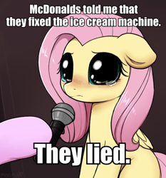 Size: 558x599 | Tagged: safe, artist:captain metric, artist:moozua, edit, imported from derpibooru, fluttershy, pegasus, pony, big eyes, blushing, caption, crying, crying cat, cute, dilated pupils, female, floppy ears, hoof hold, hooves, image macro, looking at you, mare, mcdonald's, meme, microphone, offscreen character, ponified animal photo, ponified meme, sad, sadorable, shyabetes, solo focus, teary eyes, text