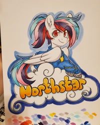 Size: 1637x2048 | Tagged: safe, artist:twisted-sketch, imported from derpibooru, oc, oc:northstar, pony, badge, con badge, copics, pegasus oc, traditional art, wonderbolts