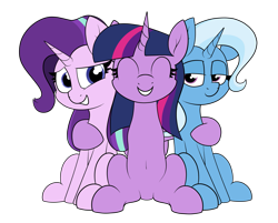 Size: 2365x1905 | Tagged: safe, artist:moonatik, imported from derpibooru, starlight glimmer, trixie, twilight sparkle, alicorn, pony, unicorn, commission, cute, eyes closed, female, hug, mare, simple background, sitting, transparent background, trio, twilight sparkle (alicorn)