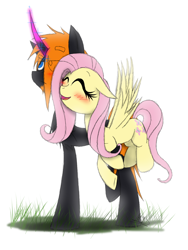 Size: 1200x1600 | Tagged: safe, artist:didun850, imported from derpibooru, fluttershy, oc, oc:le quill de von, pegasus, pony, unicorn, blushing, canon x oc, curved horn, eye clipping through hair, eyes closed, female, flying, horn, male, mare, smiling, stallion