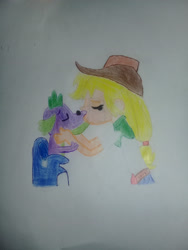 Size: 2448x3264 | Tagged: safe, imported from derpibooru, applejack, spike, dog, human, equestria girls, applespike, female, kissing, male, shipping, spike the dog, straight, traditional art