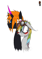 Size: 1000x1400 | Tagged: safe, artist:didun850, imported from derpibooru, oc, oc only, oc:clockwork crow, oc:le quill de von, earth pony, pony, unicorn, blushing, bust, curved horn, earth pony oc, eye clipping through hair, gay, goggles, heterochromia, horn, male, multicolored hair, oc x oc, rainbow hair, shipping, simple background, stallion, transparent background, unicorn oc