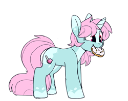 Size: 1115x886 | Tagged: safe, artist:tallaferroxiv, imported from derpibooru, oc, oc only, oc:scoops, pony, unicorn, cute, cutie mark, donut, eating, female, food, freckles, mare, markings, smiling, solo, unicorn oc