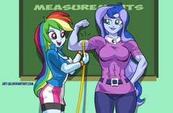 Size: 1379x906 | Tagged: safe, artist:art-2u, imported from derpibooru, princess luna, rainbow dash, human, equestria girls, biceps, breasts, busty princess luna, busty rainbow dash, chalkboard, fit, flexing, measuring, measuring tape, muscles, princess muscle moona, vice principal luna, vice principal muscle moona