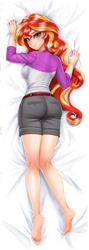 Size: 354x998 | Tagged: safe, artist:racoonsan, edit, editor:thomasfan45, imported from derpibooru, sunset shimmer, human, equestria girls, anime, ass, ass line, barefoot, bedroom eyes, belt, blushing, body pillow, body pillow design, breasts, bunset shimmer, busty sunset shimmer, butt, camp everfree outfits, camp shorts, clothes, feet, female, hips, legs, lidded eyes, looking at you, looking back, looking back at you, looking over shoulder, sexy, sheet grab, shorts, smiling, solo, stupid sexy sunset shimmer, tomboy