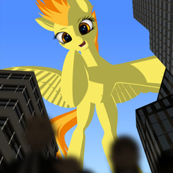 Size: 1634x1634 | Tagged: safe, artist:styroponyworks, imported from derpibooru, part of a set, spitfire, pegasus, pony, city, female, giant pegasus, giant pony, giant/macro spitfire, looking down, macro, open mouth, part of a series, solo