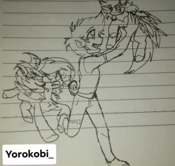 Size: 1080x1024 | Tagged: safe, artist:jj_potatoes, imported from derpibooru, oc, oc:jj younque, oc:sereluna younque, human, hybrid, original species, pegasus, pony, lined paper, monochrome