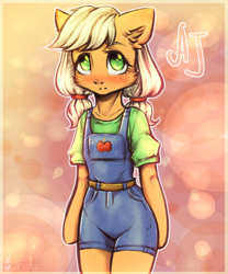 Size: 2000x2400 | Tagged: safe, artist:zefirka, imported from derpibooru, applejack, anthro, semi-anthro, unguligrade anthro, arm hooves, blushing, clothes, cute, female, filly, filly applejack, jackabetes, little, pigtails, solo, twintails, younger