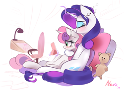 Size: 2956x2203 | Tagged: safe, artist:nevobaster, imported from derpibooru, rarity, sweetie belle, pony, unicorn, abstract background, airpods, chair, cute, daaaaaaaaaaaw, diasweetes, eyes closed, female, filly, hug, hug from behind, ipad, lamp, levitation, magic, mare, misleading thumbnail, music notes, picture frame, plushie, sharing headphones, siblings, sisters, sitting, smiling, teddy bear, telekinesis, wholesome