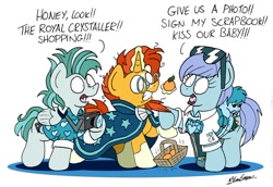 Size: 1024x703 | Tagged: safe, artist:bobthedalek, imported from derpibooru, sunburst, oc, earth pony, pegasus, pony, unicorn, baby, baby pony, basket, blaze (coat marking), camera, clothes, coat markings, facial markings, food, orange, scrapbook, shirt, socks (coat markings), startled, tourist, tourists gonna tourist