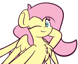 Size: 2048x1689 | Tagged: safe, artist:kimjoman, artist:php142, imported from derpibooru, fluttershy, pegasus, pony, chest fluff, commission, cute, female, looking at you, mare, one eye closed, shyabetes, simple background, solo, spread wings, white background, wings, wink, ych example, your character here