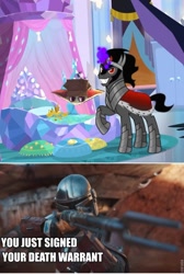 Size: 644x960 | Tagged: safe, edit, edited screencap, imported from derpibooru, screencap, king sombra, pony, the beginning of the end, baby yoda, grogu, papa bear, spoilers for another series, star wars, the mandalorian