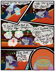 Size: 3500x4500 | Tagged: safe, artist:becauseimpink, imported from derpibooru, rarity, pony, comic:transition, alcohol, bar, beer, comic, elusive, eyes closed, glowing horn, horn, magic, male, male pov, offscreen character, pov, rule 63, sad, telekinesis, thought bubble, transgender