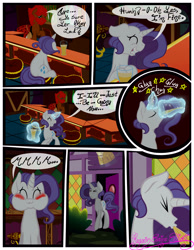 Size: 3500x4500 | Tagged: safe, artist:becauseimpink, imported from derpibooru, rarity, oc, pony, comic:transition, alcohol, bar, bartender, beer, blushing, comic, dialogue, drunk, elusive, eyes closed, glowing horn, horn, magic, rule 63, sad, spitting, telekinesis, transgender