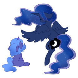 Size: 3000x3000 | Tagged: safe, artist:dreamdroplets, artist:pollyroid, imported from derpibooru, princess luna, alicorn, pony, age progression, blank flank, duality, ethereal mane, facing away, female, filly, floppy ears, mare, self ponidox, simple background, sitting, solo, spread wings, starry mane, transparent background, unicorn luna, wings, woona, younger