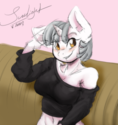 Size: 1023x1082 | Tagged: safe, artist:maximus, imported from derpibooru, oc, oc only, oc:sunlight stellaris, oc:sunlight/sunny, anthro, unicorn, belly button, clothes, female, midriff, off shoulder, off shoulder sweater, short shirt, solo, sweater