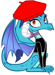 Size: 767x1041 | Tagged: safe, artist:sonofaskywalker, edit, imported from derpibooru, princess ember, dragon, triple threat, bandana, beatnik, behaving like a bird, beret, blouse, choker, cute, dragoness, emberbetes, female, hat, simple background, sitting, smiling, solo, transparent background, vector