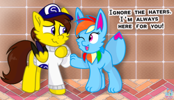 Size: 1842x1062 | Tagged: safe, artist:rainbow eevee, imported from derpibooru, rainbow dash, oc, oc only, oc:ponyseb, oc:rainbow eevee, eevee, pegasus, pony, brick, clothes, cute, dialogue, female, hat, implied shipping, inspiration, male, one eye closed, pokefied, pokémon, snapback, species swap, sweater, text, tile