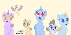 Size: 3000x1478 | Tagged: safe, artist:doraair, imported from derpibooru, spike, oc, oc only, alicorn, dragon, pony, base, flying, looking up, simple background, smiling