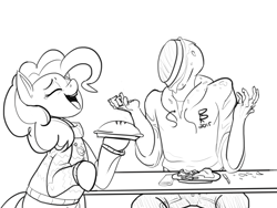 Size: 1600x1200 | Tagged: safe, artist:riggyrag, imported from derpibooru, pinkie pie, oc, oc:anon, earth pony, human, pony, /mlp/, black and white, cake, clothes, eyes closed, female, food, food fight, grayscale, holiday, laughing, male, mare, monochrome, napkin, pants, pie, pied, plate, pullover, signature, simple background, sitting, sweater, table, thanksgiving, white background