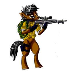 Size: 512x512 | Tagged: safe, artist:fizzyrox, imported from derpibooru, oc, oc only, pony, backpack, bipedal, clothes, glasses, gun, one eye closed, rifle, simple background, solo, weapon, white background