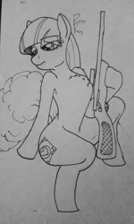 Size: 1729x2891 | Tagged: safe, artist:riggyrag, imported from derpibooru, oc, oc only, oc:riggy, pony, black and white, grayscale, gun, hoof hold, monochrome, rifle, signature, simple background, sitting, sketch, sniper, sniper rifle, solo, traditional art, weapon, white background