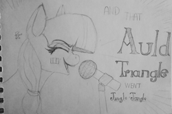 Size: 2391x1592 | Tagged: safe, artist:riggyrag, imported from derpibooru, oc, oc only, oc:riggy, pony, black and white, eyes closed, grayscale, holiday, lyrics, microphone, monochrome, saint patrick's day, signature, simple background, singing, sketch, solo, song reference, text, traditional art, white background
