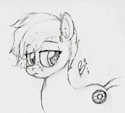 Size: 992x891 | Tagged: safe, artist:riggyrag, imported from derpibooru, oc, oc only, oc:morning star, pony, black and white, female, freckles, grayscale, mare, monochrome, signature, simple background, sketch, solo, traditional art, white background