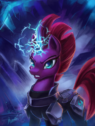 Size: 3000x4000 | Tagged: safe, artist:light-of-inirida, imported from derpibooru, tempest shadow, pony, unicorn, armor, broken horn, digital art, electricity magic, eye scar, eyebrows, female, frown, high res, horn, mare, scar, signature, solo, teeth