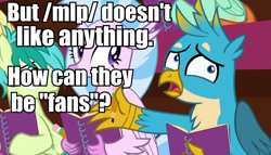 Size: 946x540 | Tagged: safe, edit, edited screencap, imported from derpibooru, screencap, gallus, huckleberry, peppermint goldylinks, sandbar, silverstream, the end in friend, /mlp/, 4chan, caption, friendship student, image macro, meme, meta, op has a point, op is a duck, text