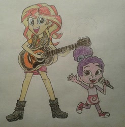 Size: 886x902 | Tagged: safe, artist:jebens1, imported from derpibooru, sunset shimmer, equestria girls, equestria girls series, barely eqg related, bubble guppies, clothes, converse, crossover, geode of empathy, guitar, magical geodes, microphone, musical instrument, nick jr., nickelodeon, shoes, singing, zooli
