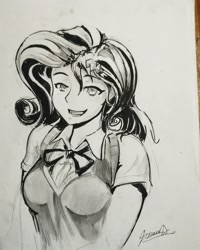 Size: 1368x1710 | Tagged: safe, artist:light-of-inirida, imported from derpibooru, rarity, equestria girls, breasts, bust, clothes, female, monochrome, portrait, school uniform, signature, sketch, solo, traditional art