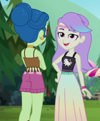 Size: 742x899 | Tagged: safe, imported from derpibooru, screencap, laurel jade, snow flower, equestria girls, equestria girls series, sunset's backstage pass!, spoiler:eqg series (season 2), ass, butt, clothes, cropped, dress, duo, duo female, ear piercing, earring, female, hair bun, halter top, headband, jewelry, laurel booty, long skirt, midriff, outdoors, piercing, pine tree, shorts, skirt, sleeveless, tanktop, tree, umbrella