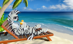 Size: 1449x879 | Tagged: safe, artist:lemurlemurovich, imported from derpibooru, oc, oc only, oc:simon jarrett, oc:simonjarrett, pony, zebra, beach, beach chair, chair, drink, drinking, drinking straw, male, ocean, palm tree, sitting, solo, sunglasses, tree, water