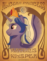 Size: 1275x1650 | Tagged: safe, artist:samoht-lion, imported from derpibooru, oc, oc only, oc:artemis whisper, alicorn, pony, alicorn oc, bust, female, horn, jewelry, mare, smiling, text, tiara