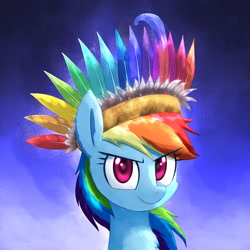 Size: 3000x3000 | Tagged: safe, artist:yinglongfujun, artist:yinglung, imported from derpibooru, rainbow dash, pegasus, pony, fanfic:evenfall, bust, chest fluff, fanfic art, feather, female, headdress, portrait, solo, tribal