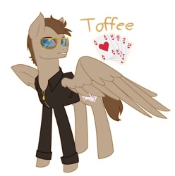 Size: 780x786 | Tagged: artist needed, source needed, safe, imported from derpibooru, oc, oc:toffee scotch, pegasus, card, clothes, cutie mark, jacket, leather jacket, male, pegasus oc, stallion, sunglasses