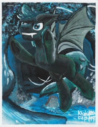 Size: 786x1016 | Tagged: safe, artist:khaki-cap, imported from derpibooru, oc, oc:guttatus, bat pony, pony, acrylic painting, bat pony oc, cave, flying, ice cave, painting, traditional art