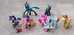 Size: 4096x1965 | Tagged: safe, artist:dingopatagonico, imported from derpibooru, applejack, boneless, pinkie pie, queen chrysalis, rainbow dash, shining armor, spike, twilight sparkle, alicorn, changeling, pony, armor, guardians of harmony, irl, misadventures of the guardians, party cannon, photo, toy, twilight sparkle (alicorn)