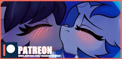 Size: 1024x500 | Tagged: safe, artist:shadowreindeer, imported from derpibooru, dj pon-3, octavia melody, vinyl scratch, earth pony, pony, unicorn, advertisement, cropped, duo, female, kiss on the lips, kissing, lesbian, mare, patreon, patreon logo, patreon preview, scratchtavia, shipping