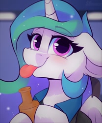 Size: 1000x1200 | Tagged: safe, artist:shadowreindeer, imported from derpibooru, princess celestia, alicorn, pony, :p, bottle, bust, clothes, cosplay, costume, cute, cutelestia, detroit: become human, female, folded wings, hank anderson, looking at you, mare, mlem, shirt, sillestia, silly, solo, tongue out, wings