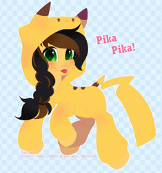 Size: 4854x5160 | Tagged: safe, artist:bestiary, imported from derpibooru, oc, oc only, oc:aurora (stardust), pikachu, pony, clothes, cosplay, costume, cute, pokémon, solo