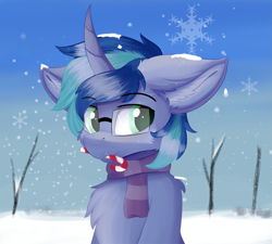 Size: 1333x1200 | Tagged: safe, artist:lunar froxy, imported from derpibooru, oc, oc only, oc:blue cola, pony, bust, candy, candy cane, clothes, food, glasses, male, portrait, scarf, snow, solo, stallion, winter