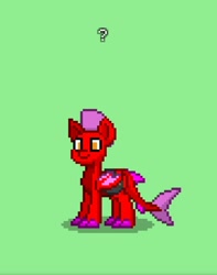 Size: 1080x1374 | Tagged: safe, artist:bravewind, imported from derpibooru, oc, oc only, unnamed oc, original species, pony, shark, shark pony, pony town, bat wings, donut steel, green background, hat, original character do not steal, pixelated, question mark, satchel, shark tail, simple background, wings