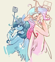 Size: 1814x2048 | Tagged: safe, artist:toki, imported from derpibooru, princess celestia, princess luna, alicorn, anthro, pony, blindfold, cellphone, cloven hooves, duo, female, mare, phone, simple background, sleep mask, sleeping, smartphone, spread wings, white background