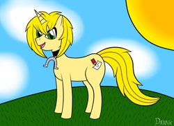 Size: 1280x931 | Tagged: safe, artist:pikanic, imported from derpibooru, oc, oc only, oc:pikanic, pony, unicorn, horseshoes, male, smiling, solo, stallion, sun