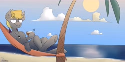 Size: 8000x4000 | Tagged: safe, artist:difis, imported from derpibooru, oc, oc:night striker, coconut, food, hammock, ocean, palm tree, tree