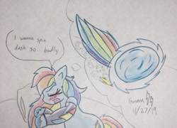 Size: 1054x758 | Tagged: safe, artist:gmangamer25, imported from derpibooru, rainbow dash, pegasus, pony, ball, blushing, crossover, dialogue, dream, female, mare, open mouth, rainball, rolling, sleeping, sonic the hedgehog (series), spin dash, traditional art