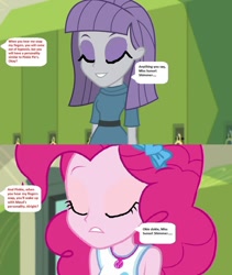 Size: 824x978 | Tagged: safe, edit, edited screencap, editor:thomasfan45, imported from derpibooru, screencap, maud pie, pinkie pie, equestria girls, equestria girls series, forgotten friendship, stressed in show, 1000 hours in ms paint, bow, canterlot high, clothes, cute, diapinkes, dress, eyes closed, geode of sugar bombs, hair bow, hallway, hypnosis, hypnotized, implied sunset shimmer, lockers, magical geodes, maudabetes, mental shift, offscreen character, personality swap, pie sisters, request, siblings, sisters, sleeping, smiling, speech bubble, story included